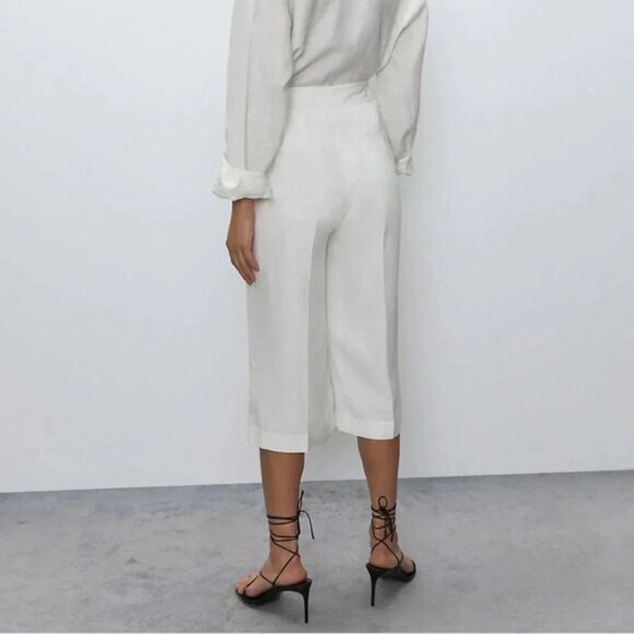 Aritzia Babaton Tahoma Pant High rise Linen Culottes Wide Leg Crop Trouser White - Picture 16 of 16